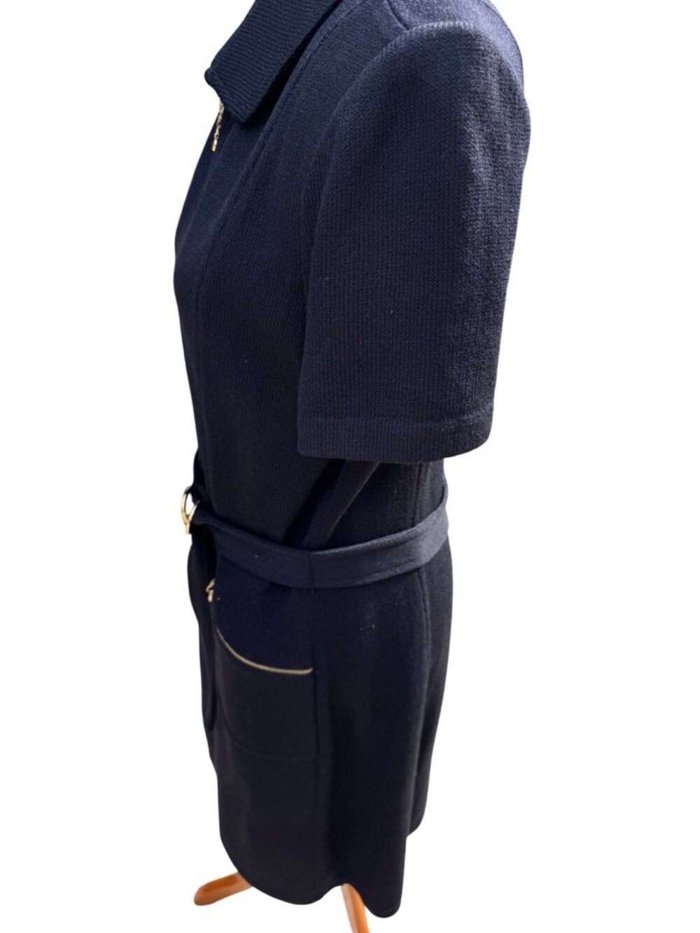 St John Collection Dress Women 12 Black Knit Belted Gold Zip Pockets USA - Picture 4 of 8